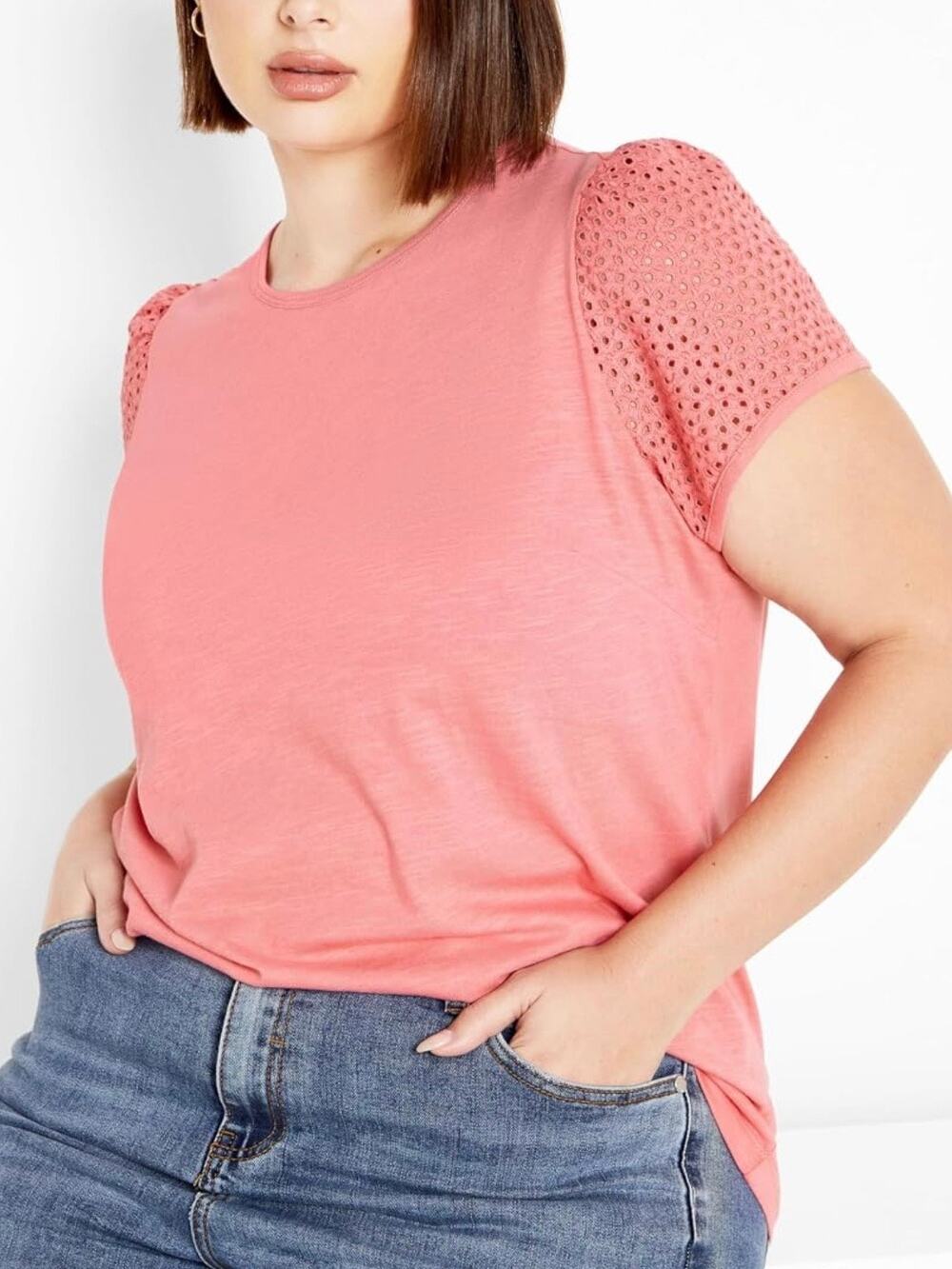 City Chic Pink Eyelet Short Sleeve Tee
